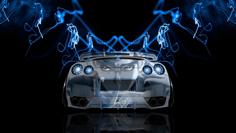 er 35, Blue, Airbrushing, Nissan, Design, black background, excitement, single object, close-up, Neon, Style, GTR, copy space, car, mode of transportation