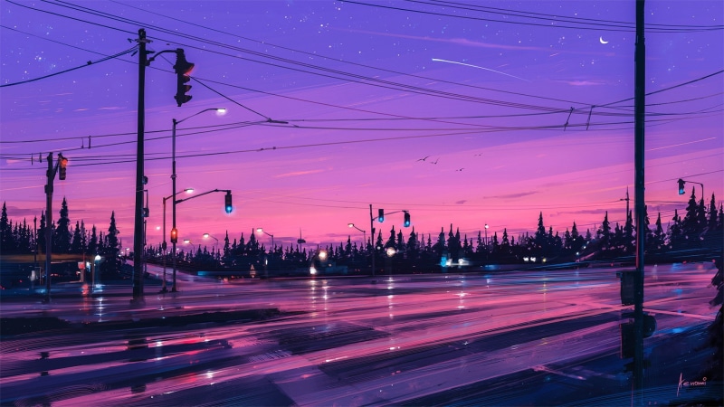 digital art, illustration, stars, 1080P, artwork, 2D, road, street, Aenami, cityscape, landscape