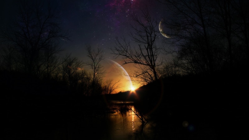 Moon, scenics - nature, sunset, outdoors, plant, photo manipulation, nature, planet, 1080P, tranquil scene, majestic, beauty in nature, dark, golden, tranquility