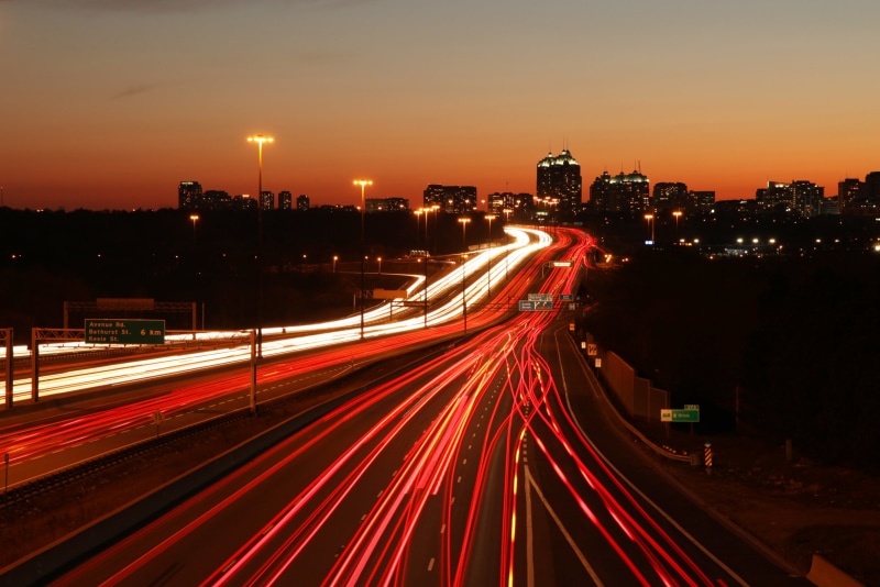 running, buildings, city, multiple Lane Highway, dusk, don, traffic, on road, mills, street, transportation, cityscape, time-lapse photography, car, road