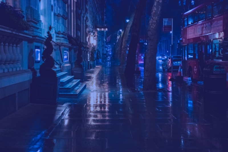 illuminated, tourism, town, dusk, house, italy, raining, car, transportation, architecture, cityscape, london, street, urban Scene, wet sidewalk, light