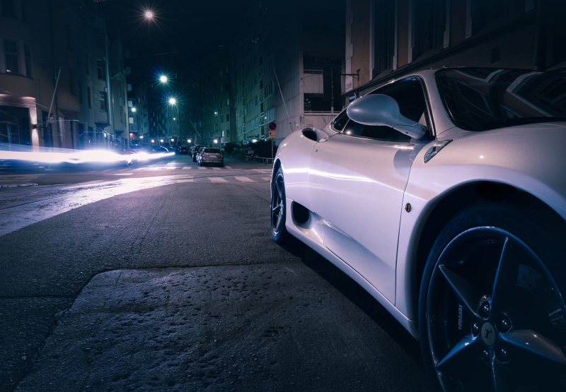 night, crosswalk, sportcar, modena, streetview, city, white, transportation, light, street, design, outdoors, tyre, asphalt, traffic, urban