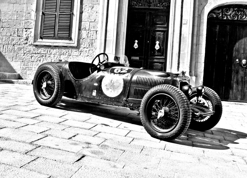 car, chrome, classic racing car, old, window, paving stone, historic, transportation, riley, car racing, street, old racing car, vehicle, black And White