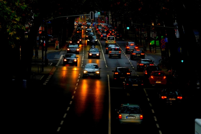 driving a car, City, multiple lane highway, Road, car, pkw, taillights, city, sign, on the move, high angle view, transportation, driver, asphalt, motion