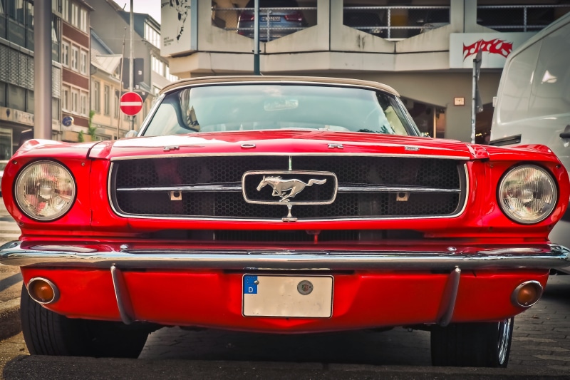 parked, pkw, classic, front view, building exterior, front, brake light, blinker, vintage, drive, ford mustang, car, muscle car, architecture, usa, bumper