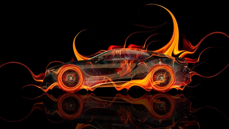 Side View, illustration, Photoshop, Orange, illuminated, coupe, studio shot, Background, blurred Motion, smoke - Physical Structure, Fire, curve