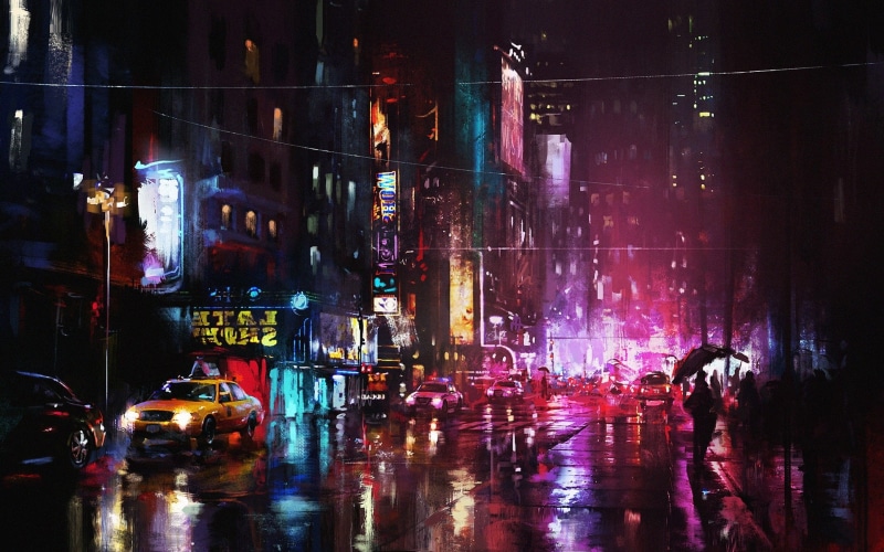Night, Lights, 1080P, Painting, Street, City, Art