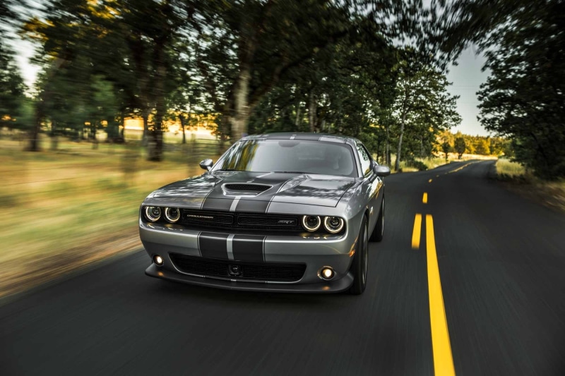 silver colored, striped, tree, nature, travel, no people, land vehicle, transportation, plant, 1080P, vehicle, speed, Dodge, motion, Dodge Challenger SRT