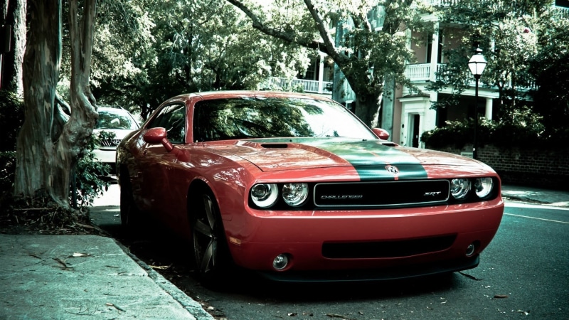 sports, mode of transportation, architecture, day, muscle cars, land vehicle, no people, 1080P, plant, tree, Dodge Challenger SRT, transportation, retro styled