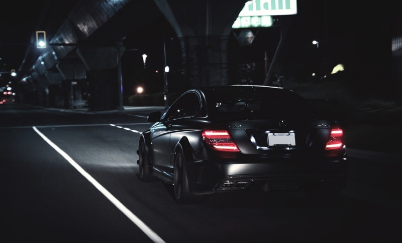 travel, night, land vehicle, parking garage, illuminated, benz, no people, mode of transportation, sign, transportation, built structure, street, road