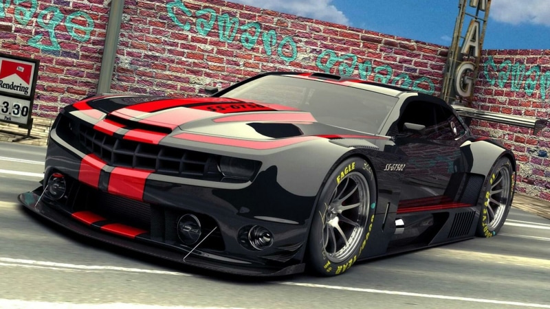 Chevy Camaro SS-GT502, day, no people, wheel, competition, professional sport, built structure, racecar, motorsport, architecture, black cars, illustration