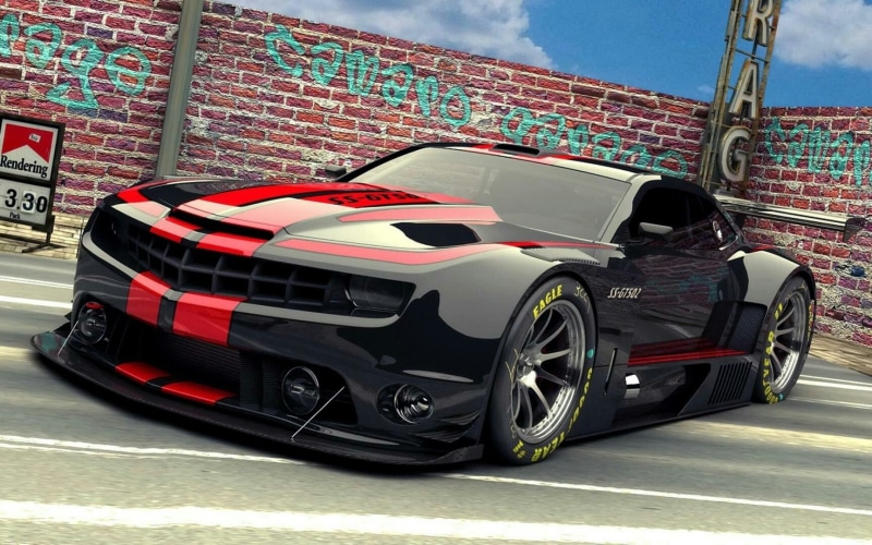 sport, car, racecar, competitive sport, motor vehicle, motor racing track, mode of transportation, tire, day, architecture, speed, wheel, red, Camaro, land vehicle