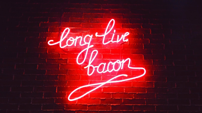 lighting equipment, long, illuminated, neon, text, live, sign, restaurant, dark, close-up, architecture, food, light, dinner, indoors, brick wall, signage