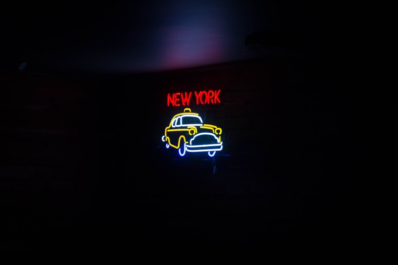 black Color, indoors, taxi, close-up, red, new, black background, nightlife, york, communication, car, dark, text, New York taxi, taxi cab, neon, copy space