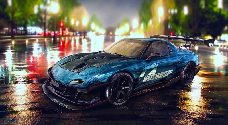 focus on foreground, city, tuning, black, reflection, water, blue, retro styled, Mazda RX-7, motor vehicle, street, 1080P, transportation, Need for Speed