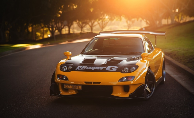 street, Mazda, transportation, nature, Car, RX-7, driving, Road, sunset, motor vehicle, mode of transportation, 1080P, city, yellow taxi, dusk, orange