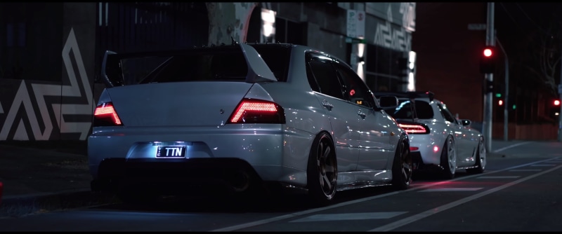 2K, Mazda RX-7, city lights, car, Mitsubishi Lancer Evo IX, night
