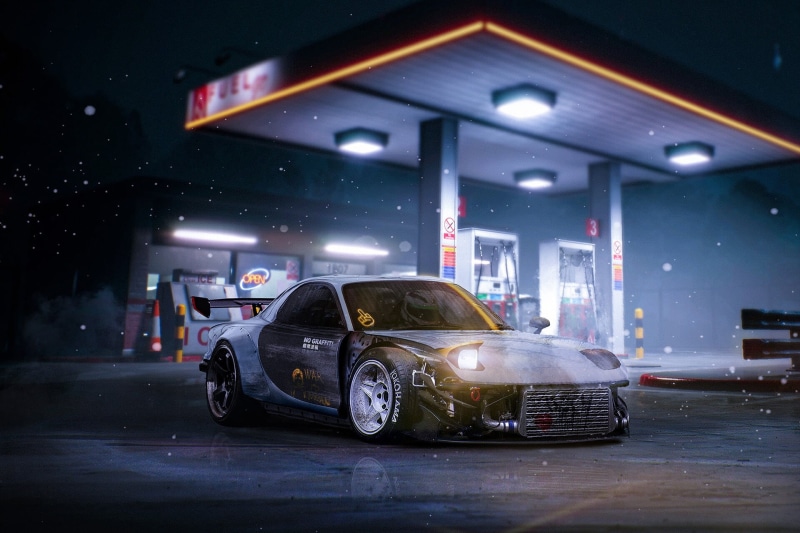 Japan, Mazda, Gas stations, Auto, Carlos Sutter, Mazda RX-7, Machine, Car, Art, Night, Design, Mazda rx7 Ulgly, RX-7, 1080P, Transport and Vehicles, by