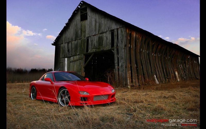 abandoned, obsolete, motor vehicle, built structure, red, transportation, architecture, Mazda RX-7, day, land, car, mode of transportation, Mazda, cloud - sky