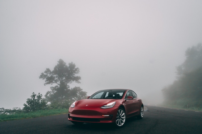 nature, travel, mode of transportation, model 3, transportation, sports car, red, road, spoke, sky, trees, fog, parked, vehicle, machine, on the move, skyline drive