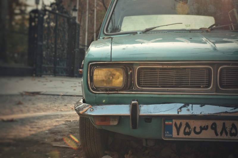 stationary, tehran, green color, license plate, street, wheel, transportation, car, logo, land vehicle, retro styled, no people, automobile, sports car