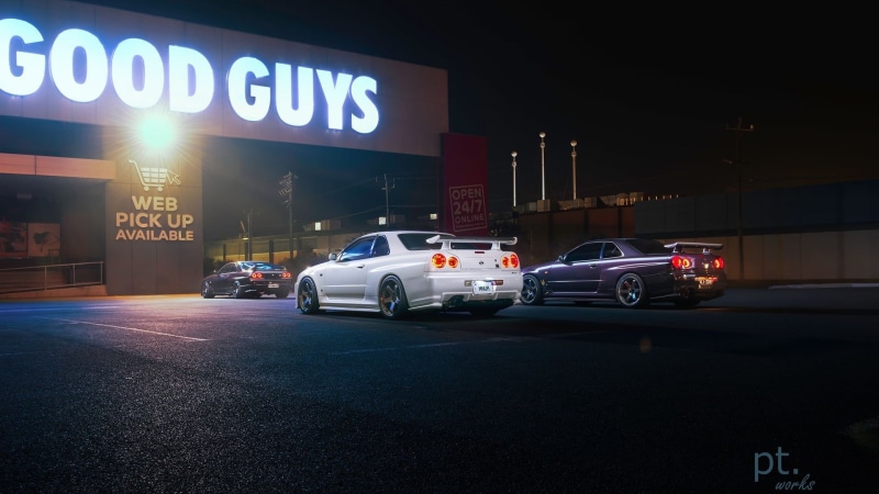 Nissan Skyline GT-R R33, car park, vehicle, purple cars, asphalt, JDM, Nissan Skyline, 1080P, Nissan Skyline GT-R R34, car, night, white cars, Nissan