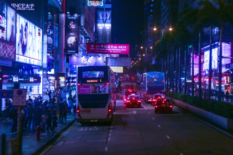bus, built structure, 5K, signs, red, architecture, city life, purple, car, mode of transportation, transportation, illuminated, crowded, road, neon, street