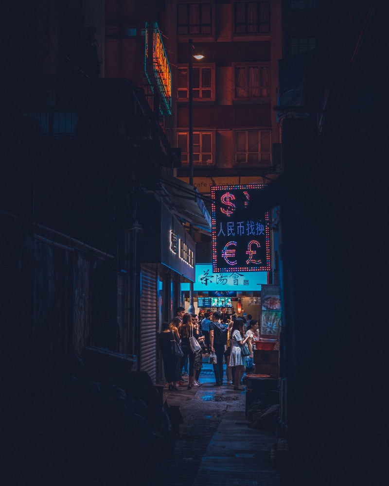 outside, people, alley, store, light, cyberpunk2077, blue, glow, urban Scene, neon Light, famous Place, neon, city, dark, standing, money exchange, outdoors