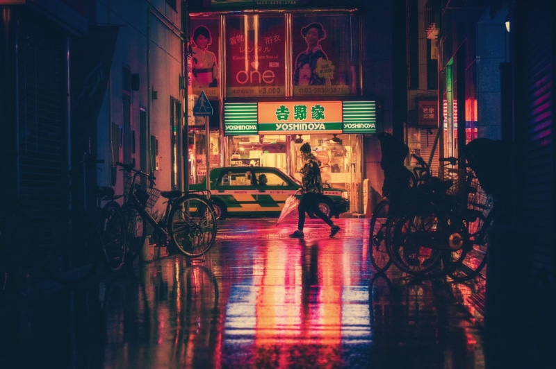 shops, woman, side, walking, city, japan, adult, text, view, building exterior, outdoor, communication, built structure, car, sidewalk, script, umbrella