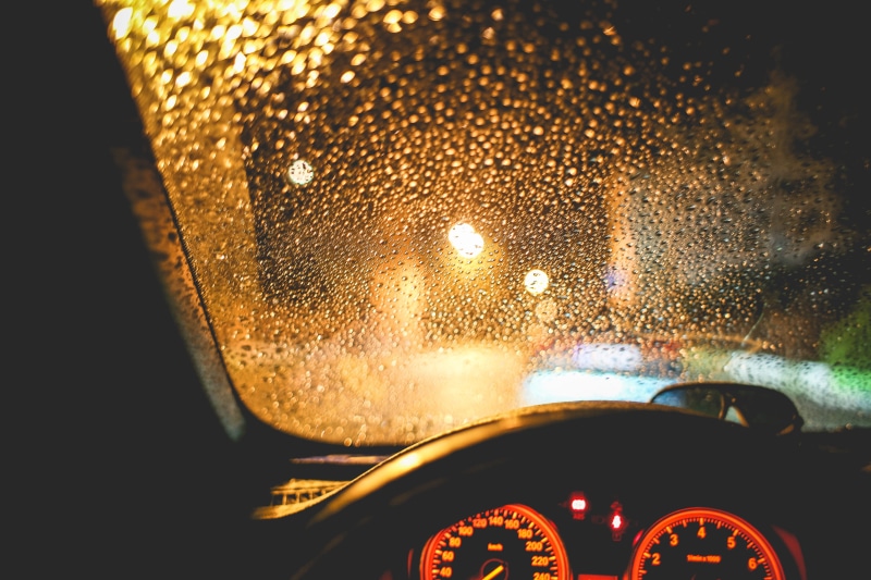 drop, defocused, windshield, water, raindrops, indoors, driving, road trip, drops, Car, cars, mode of transportation, night, motor vehicle, wet, rain, street