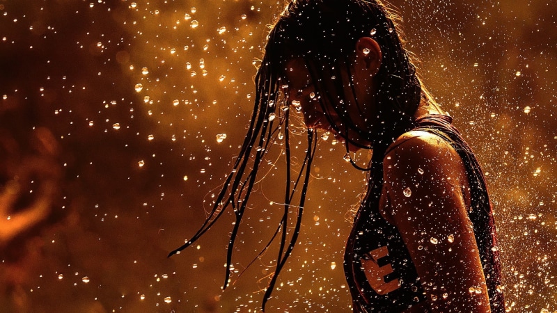 1080P, side view, long hair, young men, motion, water, women, adult, waist up, night, young adult, rain, brunette, hairstyle, s, illuminated, black, tank