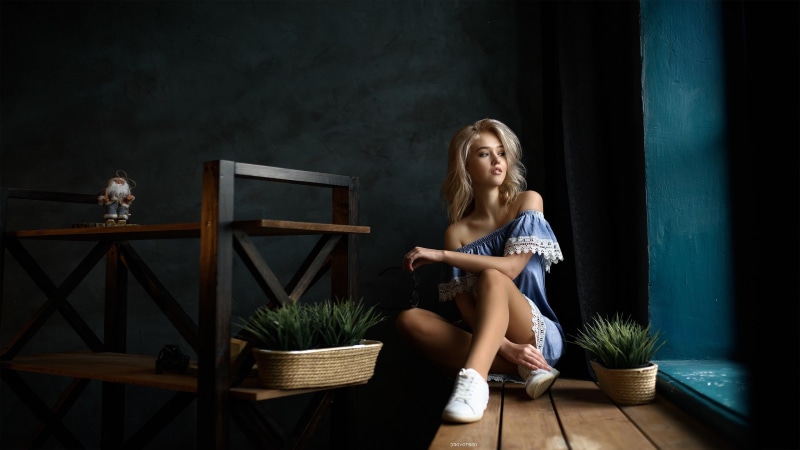 young adult, plant, women, beauty, blonde, women with glasses, indoors, casual clothing, adult, potted plant, hair, sneakers, dress, full length, one person