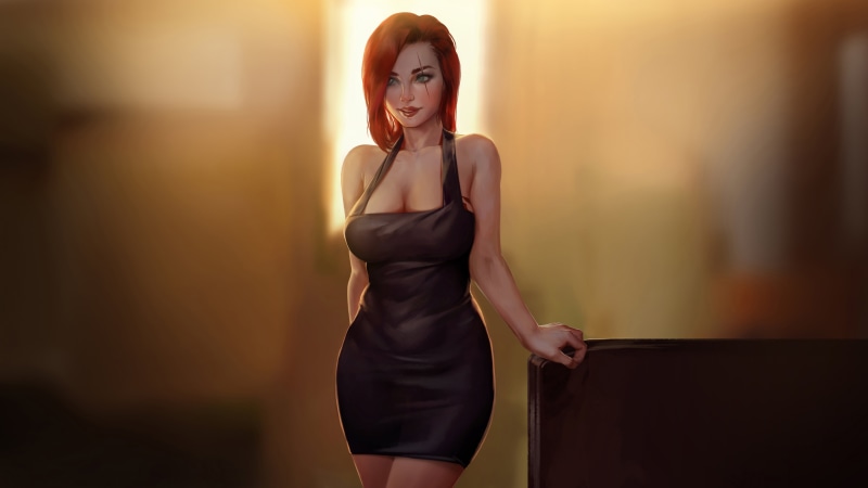 smiling, artwork, scars, 5K, illustration, League of Legends, bokeh, looking away, women, redhead, fantasy girl, digital art, drawing, fan art, katarina (league of legends)