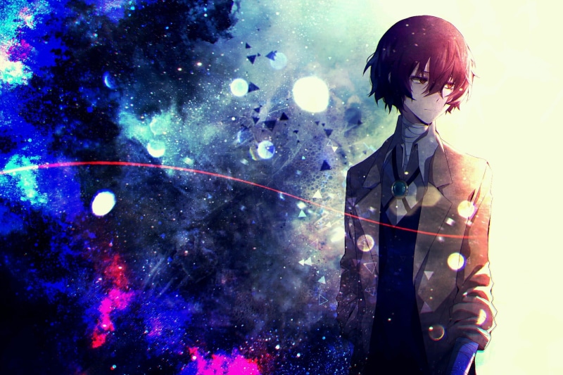 young adult, men, looking away, hairstyle, 1080P, three quarter length, blue, dazai osamu, looking, leisure activity, night, young men, sky, holding, standing