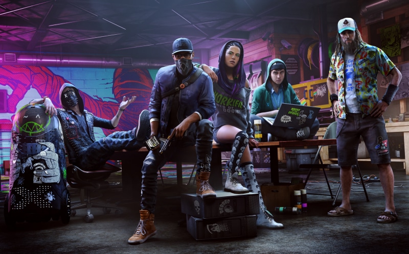 young men, lifestyles, sitting, musical equipment, real people, dogs, full length, game, young women, leisure activity, watch, stage, men, watch dogs 2