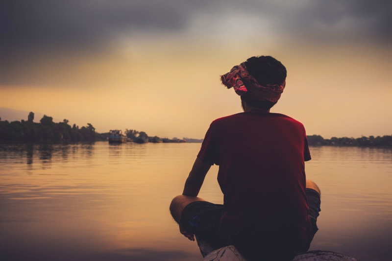 reflection, outdoors, nature, men, orange color, person, alone, 5K, sky, contemplation, sadness, water, depressed, sitting, one person, young, leisure activity