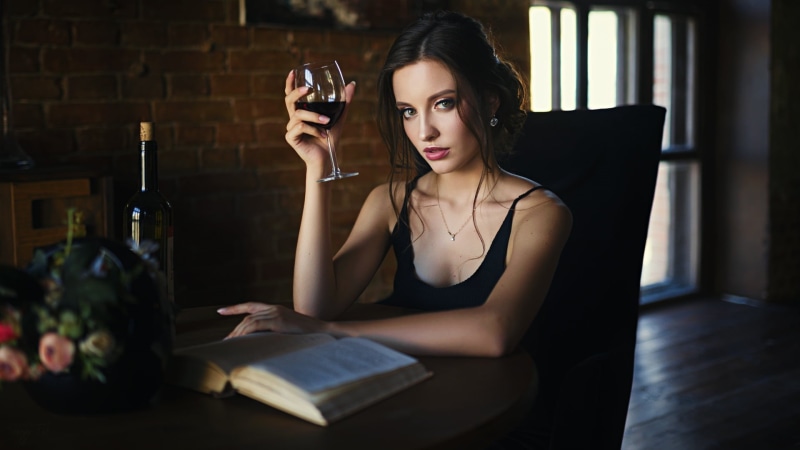 1080P, indoors, leisure activity, holding, dress, beautiful woman, drinking glass, black, glass, drink, drinking, Sergey Zhirnov, looking at viewer, women indoors