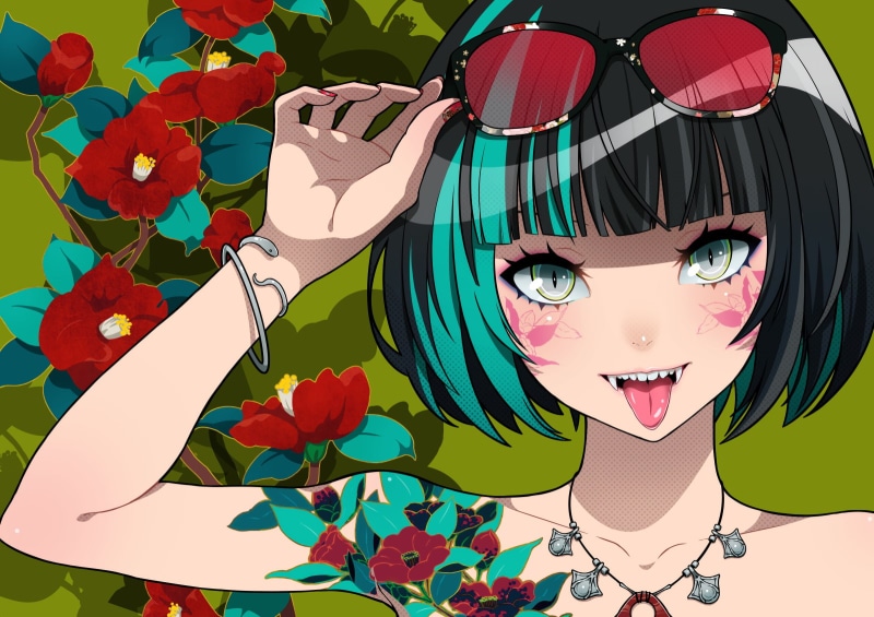 original characters, eyeliner, green background, teeth, bracelets, LAM, anime, tattoo, shadow, anime girls, women, tongue out, sunglasses, 2D, 720P, flowers