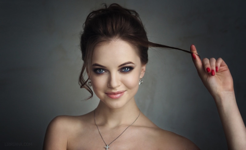women, red nails, human body part, young adult, Polina Bodrova, front view, human face, adult, gray background, s, necklace, bare shoulders, body part