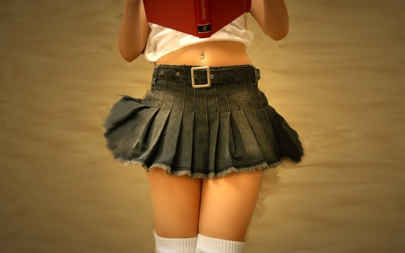 piercing, midsection, one person, beauty, human body part, dress, leisure activity, miniskirt, gray, denim, beautiful woman, clothing, mini dress, knee-highs