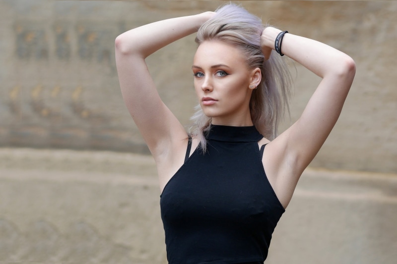 grecian, long hair, standing, 1080P, arms up, blonde, holding, casual clothing, armpits, top, young adult, young women, beauty, neck, real people, portrait