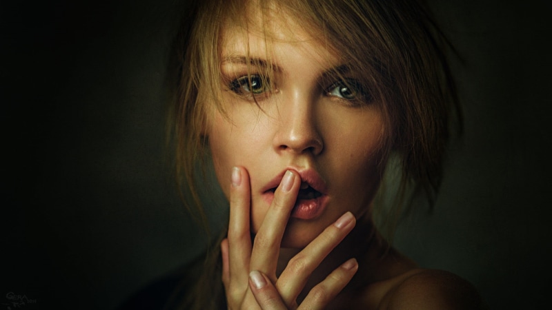 emotion, studio shot, woman, young women, s, human face, body part, Russian Model, hair in face, finger on lips, one person, hand, face, human body part