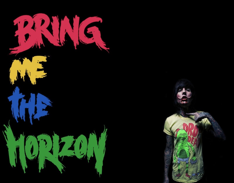 Metalcore, neon colored, text, communication, people, 720P, illuminated, Bring Me the Horizon, indoors, art and craft, men, western script, Oliver Sykes