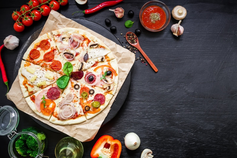 pizza 4k hd amazing, italian food, table, still life, fruit, herb, freshness, healthy eating, high angle view, directly above, no people, food and drink