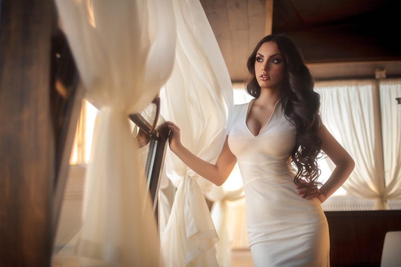 long hair, 1080P, curvy, beauty, beautiful woman, clothing, three quarter length, white, dress, neck, front view, white dress, adult, v, selective focus