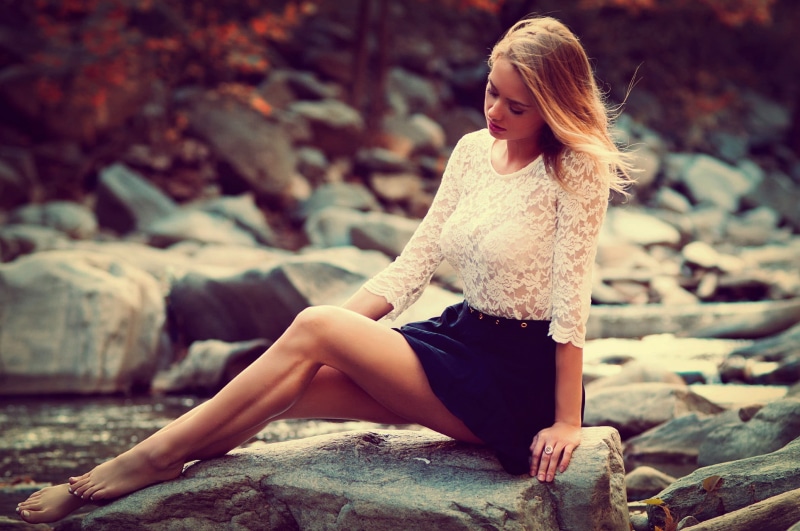 hair, sleeved, lake, long hair, casual clothing, young women, nature, 1080P, lace, skirt, model, young adult, full length, long, one person, scoop, blond hair
