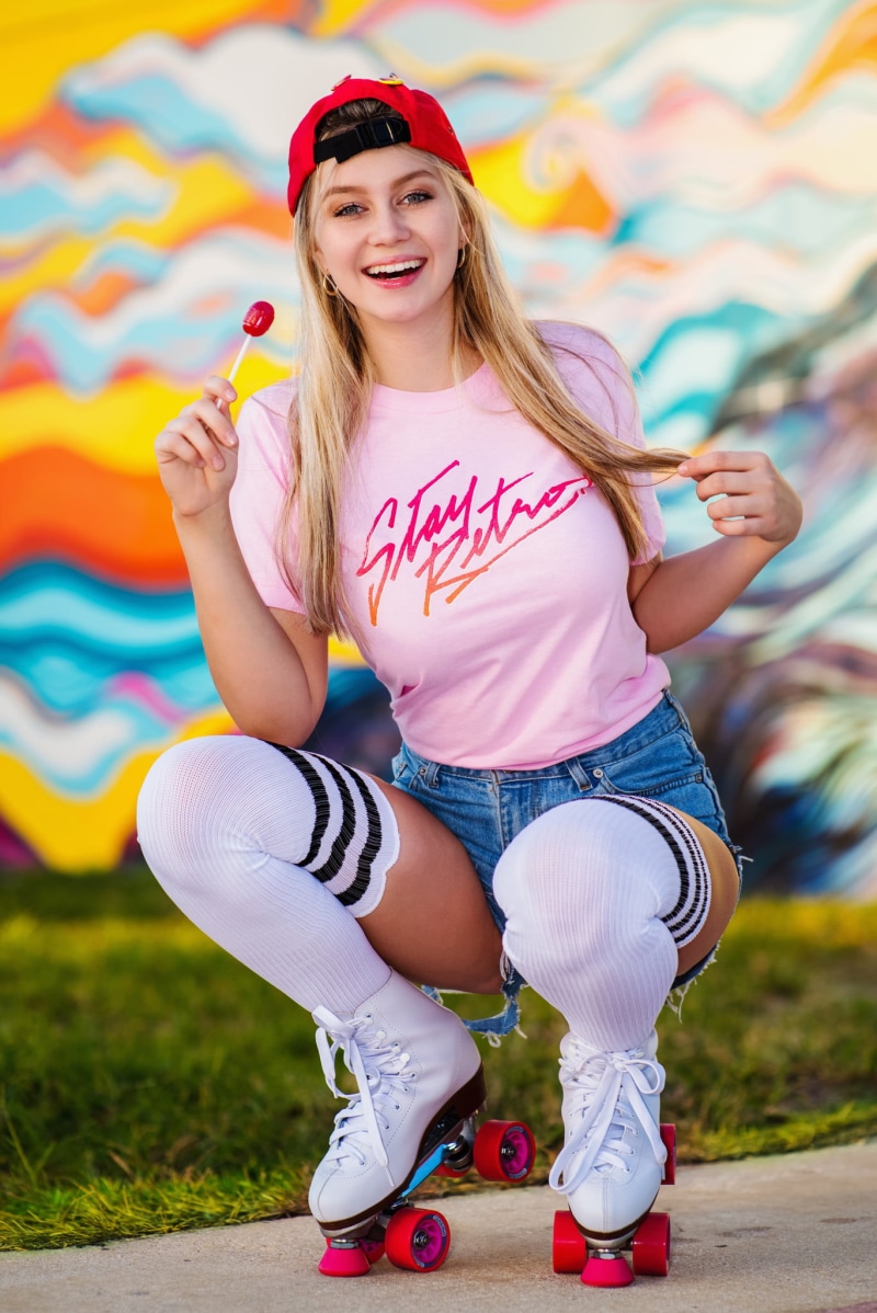women, long hair, pink, portrait, model, one person, hairstyle, fashion, cheerful, roller skates, squatting, t, s, jean shorts, Christopher Rankin, emotion