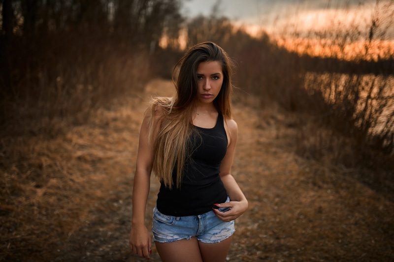 bokeh, young women, tank, denim, beautiful woman, black tops, portrait, jean shorts, face, sunset, hairstyle, land, nature, s, looking at camera, top, long nails