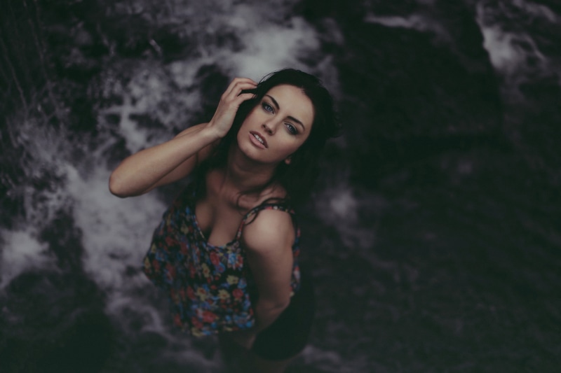 brunette, beautiful woman, beauty, standing, waterfall, young adult, waist up, women, open mouth, model, lifestyles, 2K, one person, spaghetti, red, water