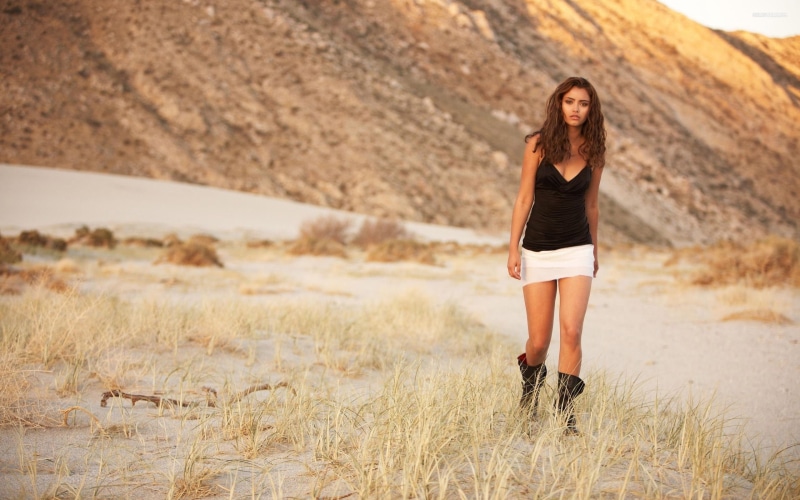 grass, legs, long hair, black, one person, miniskirt, hairstyle, tank top, freedom, hair, model, front view, young adult, looking at viewer, nature, leisure activity